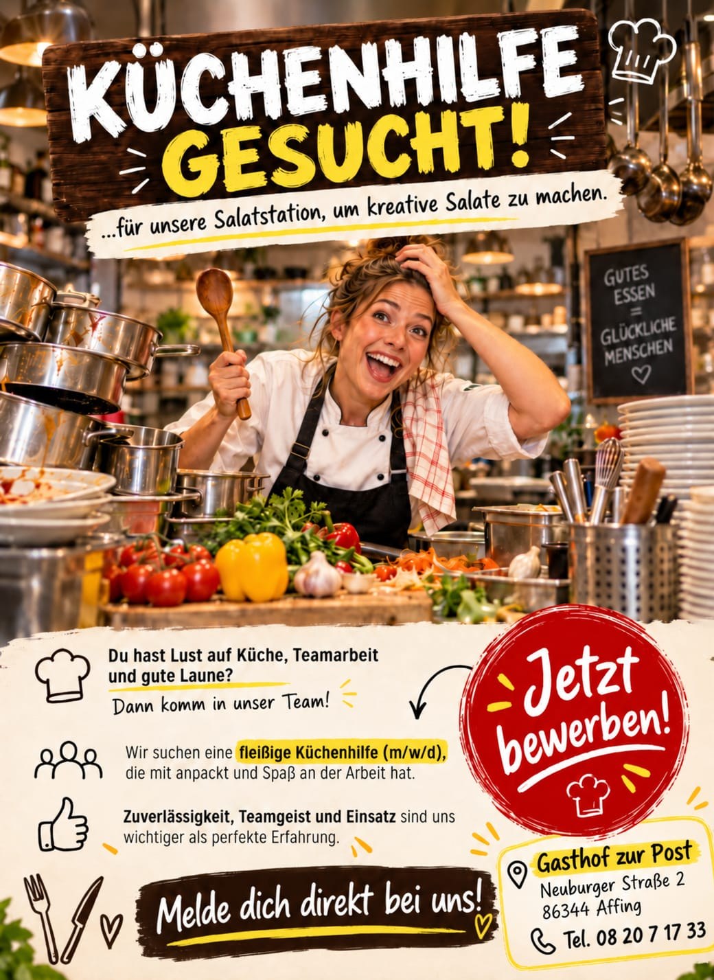 Stellenplakat des Gasthofs zur Post Affing: Küchenhilfe gesucht, Salatstation und kreative Salate